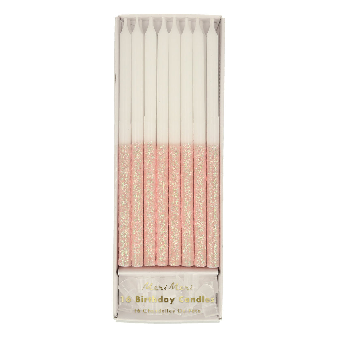 A pack of 16 Pale Pink Glitter Dipped Candles by Meri Meri.