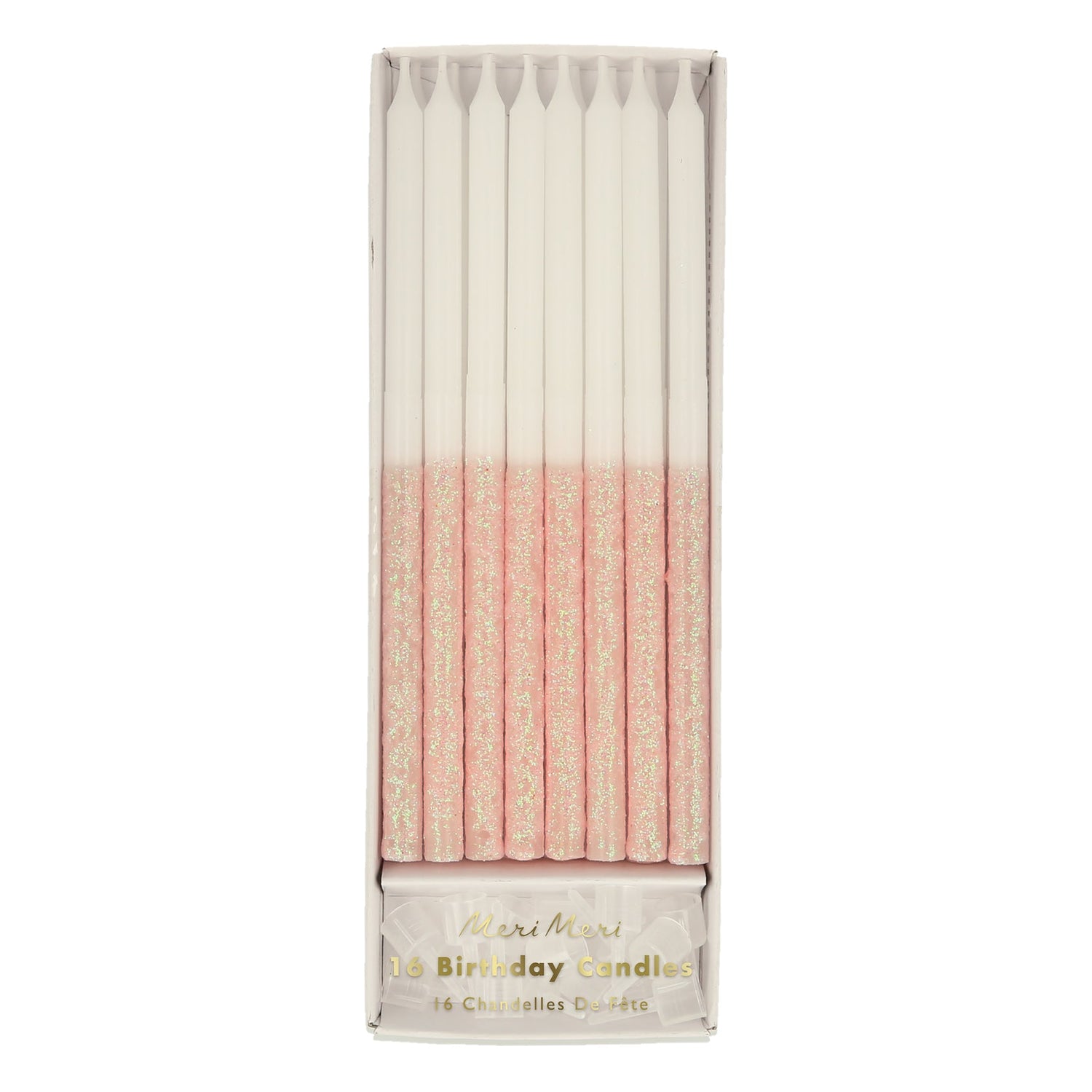 A pack of 16 Pale Pink Glitter Dipped Candles by Meri Meri.