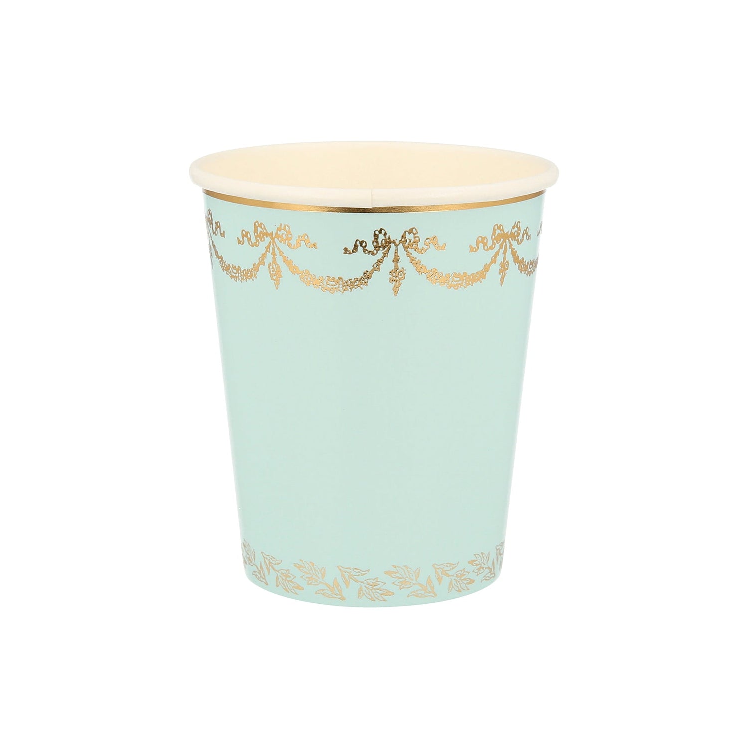 A mint green Ladurée Paris cup with gold trim perfect for Meri Meri collaborations.