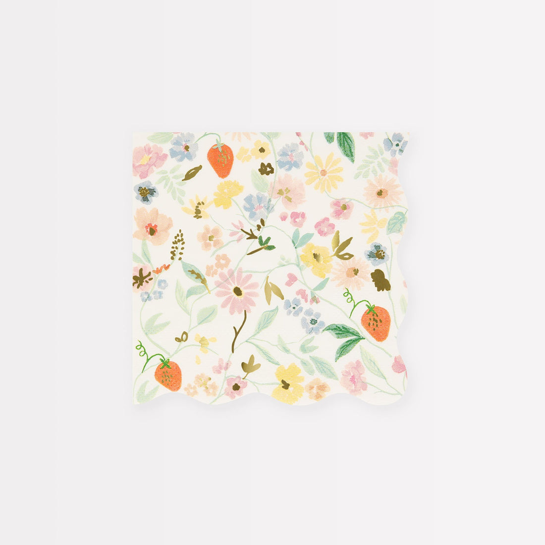 A white scalloped beverage napkin with a floral pattern featuring pastel colors and strawberries against a white background. 
