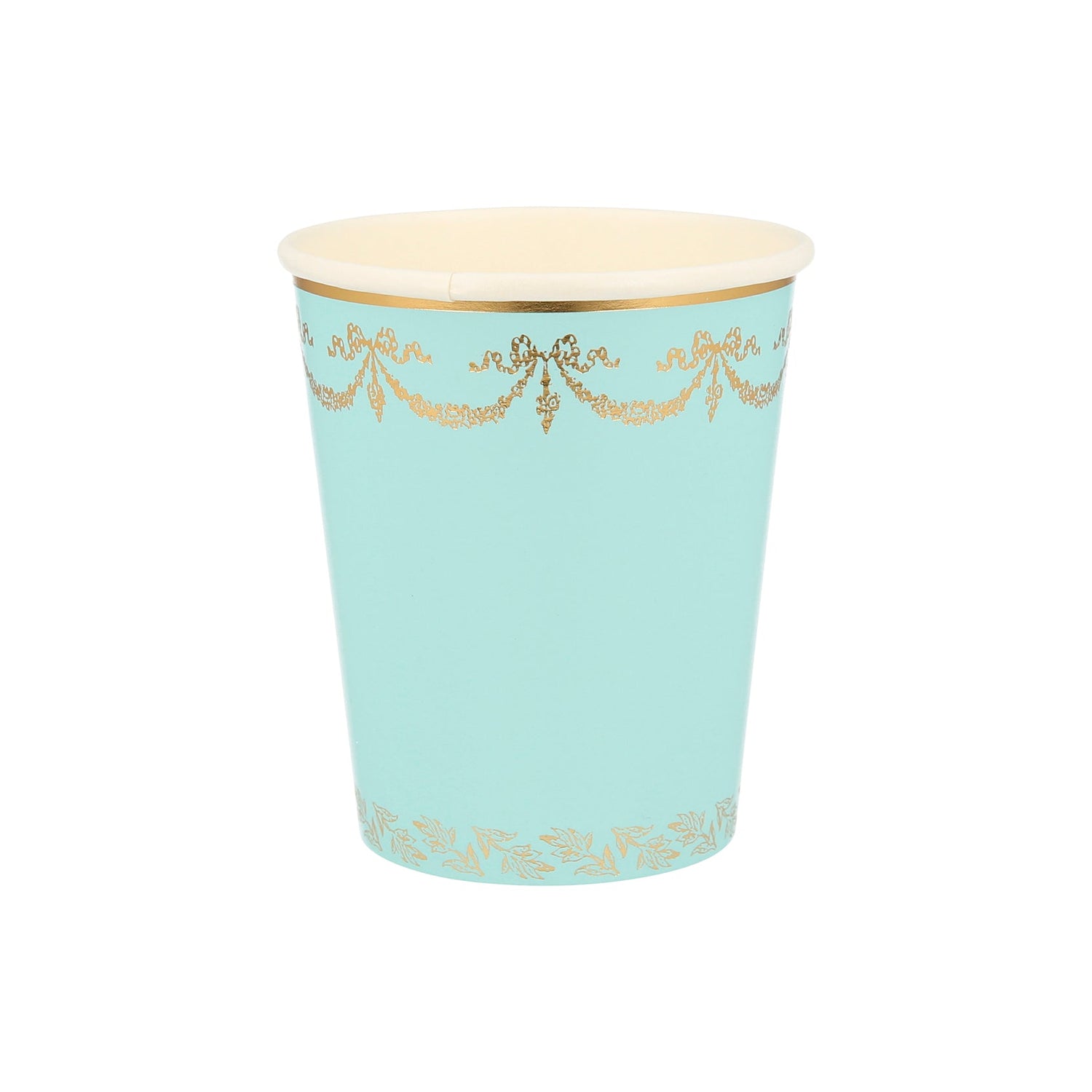 A blue and Meri Meri Ladurée Paris cup with gold trim.