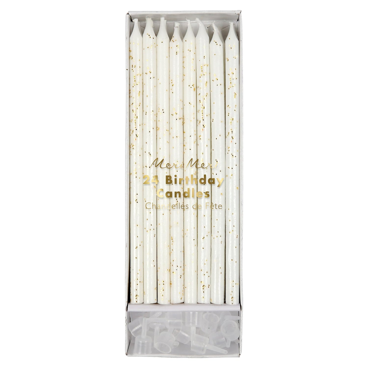 A box of 24 luxury white and Meri Meri gold glitter speckled birthday candles with holders.