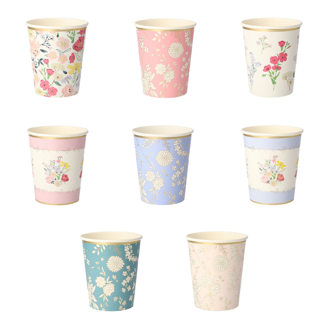 A collection of nine Meri Meri English Garden Party Cups with various floral designs.