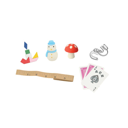 Mushroom eraser, snowman eraser, metal game, paper measuring tape, deck of cards