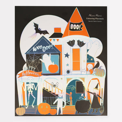 Package the Shaped Halloween Colouring Placemats come in showing a haunted house with skeletons, bats and ghosts