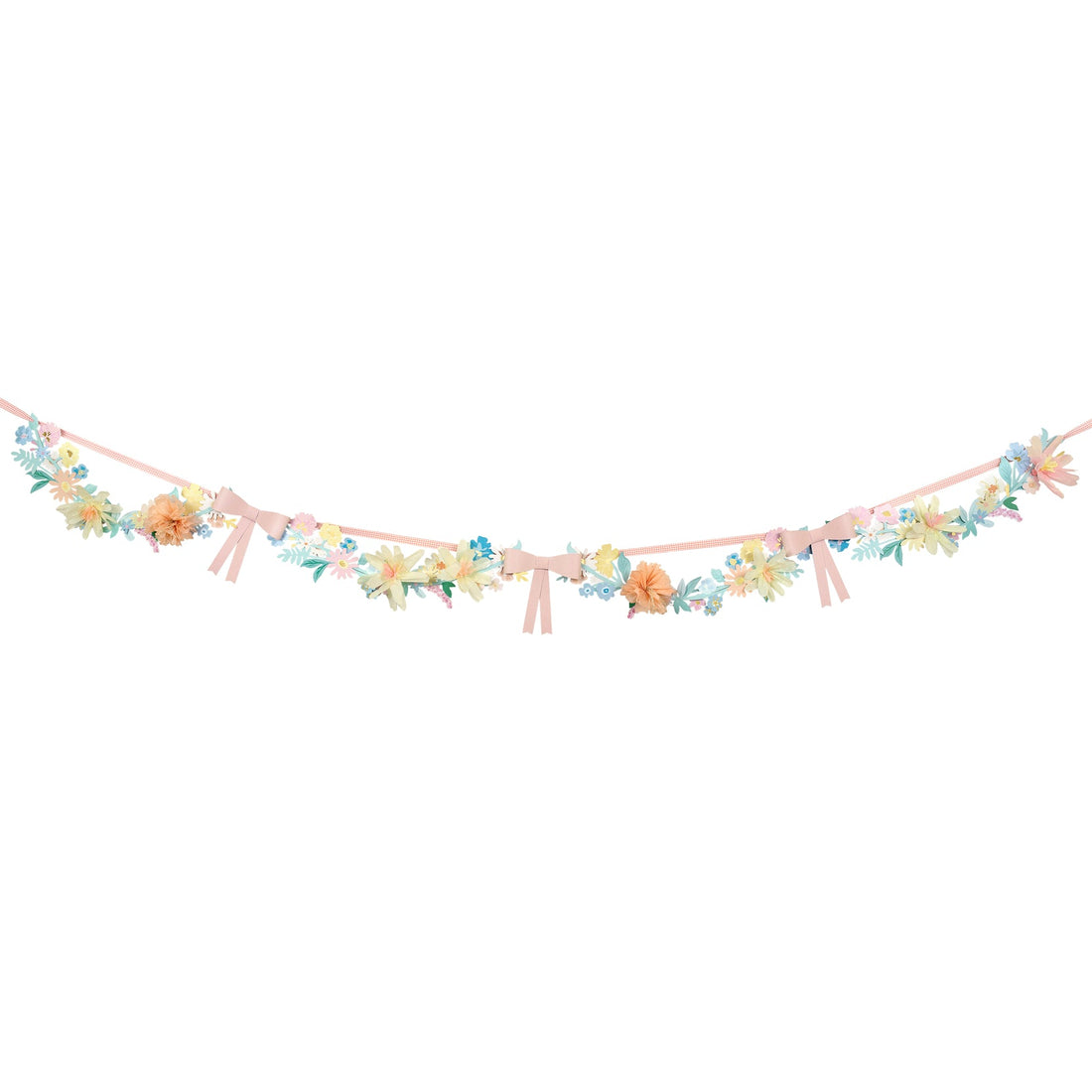 A Meri Meri Flower &amp; Bow Garland adorned with a delightful mix of beautiful flowers and charming bows.