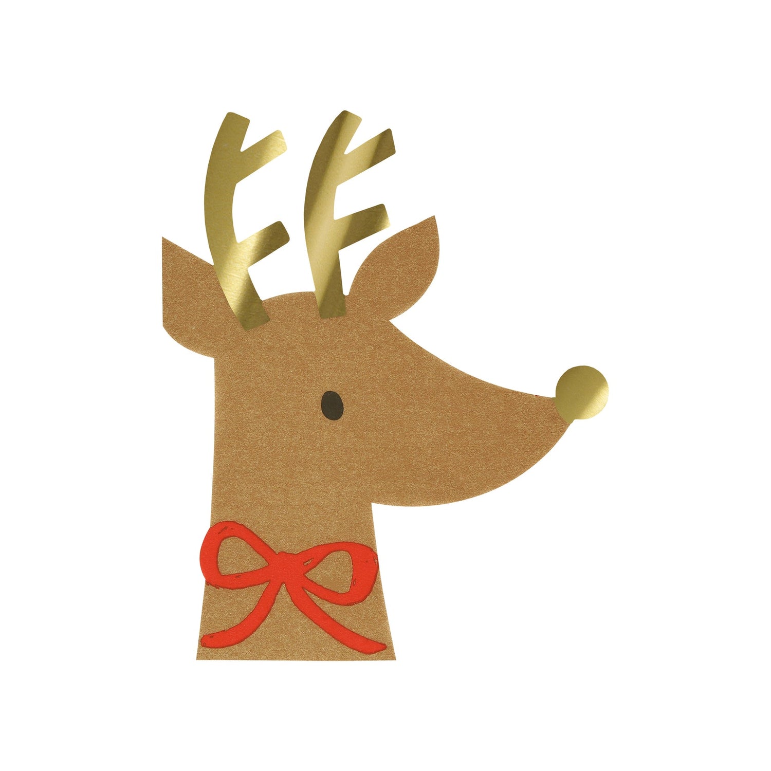 Reindeer shaped napkin with printed red bow around neck