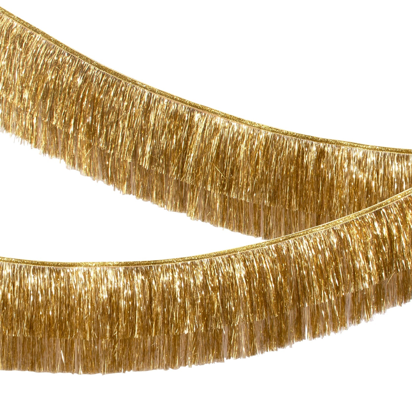 Gold tinsel garland on white background.