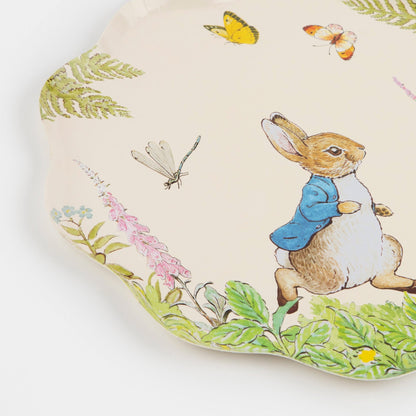 A party table plate with an image of Peter Rabbit and a bird in vintage designs from the Peter Rabbit in the Garden Plates by Meri Meri.