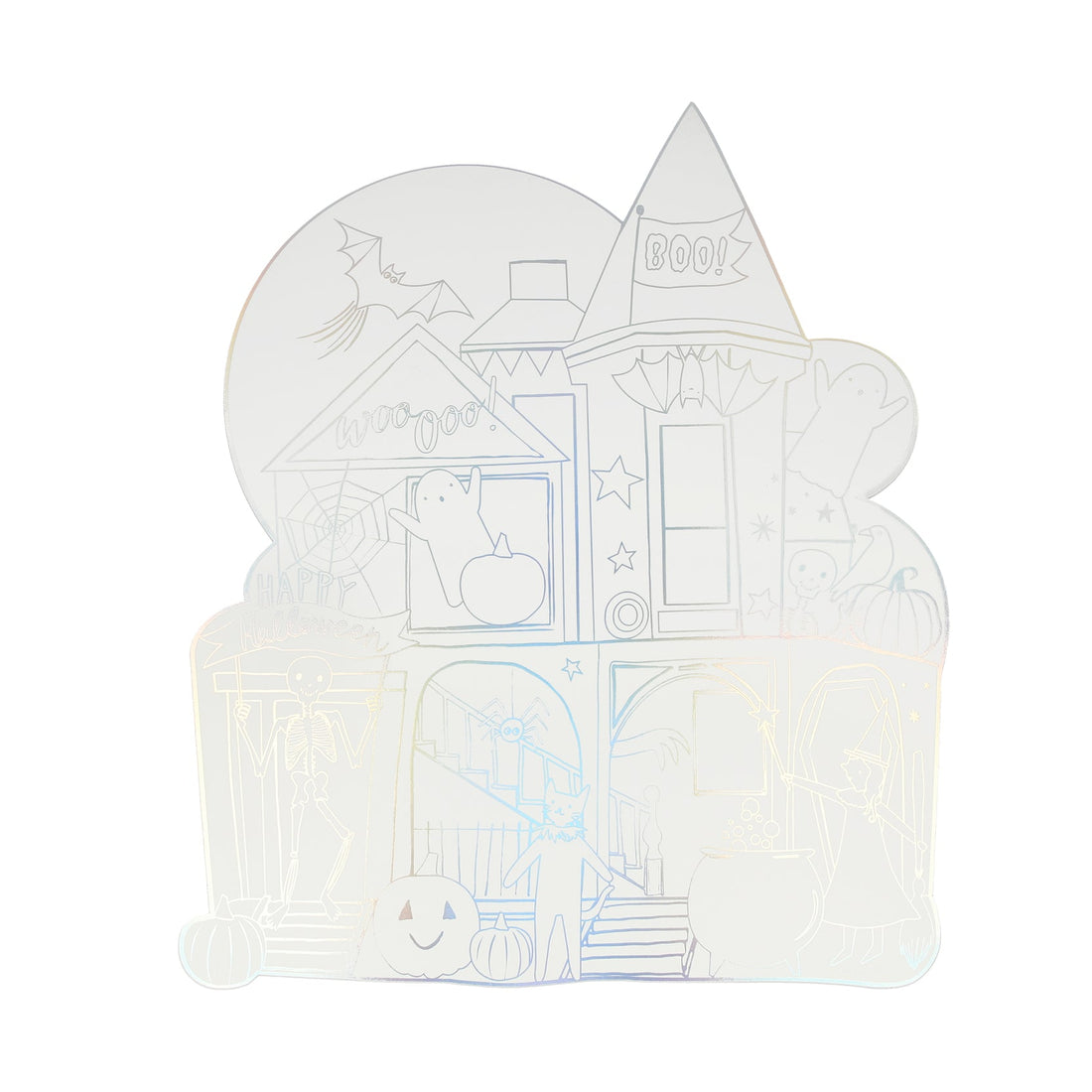 Shaped Halloween Colouring Placemat, white with silver lines showing haunted house with characters to color in. 