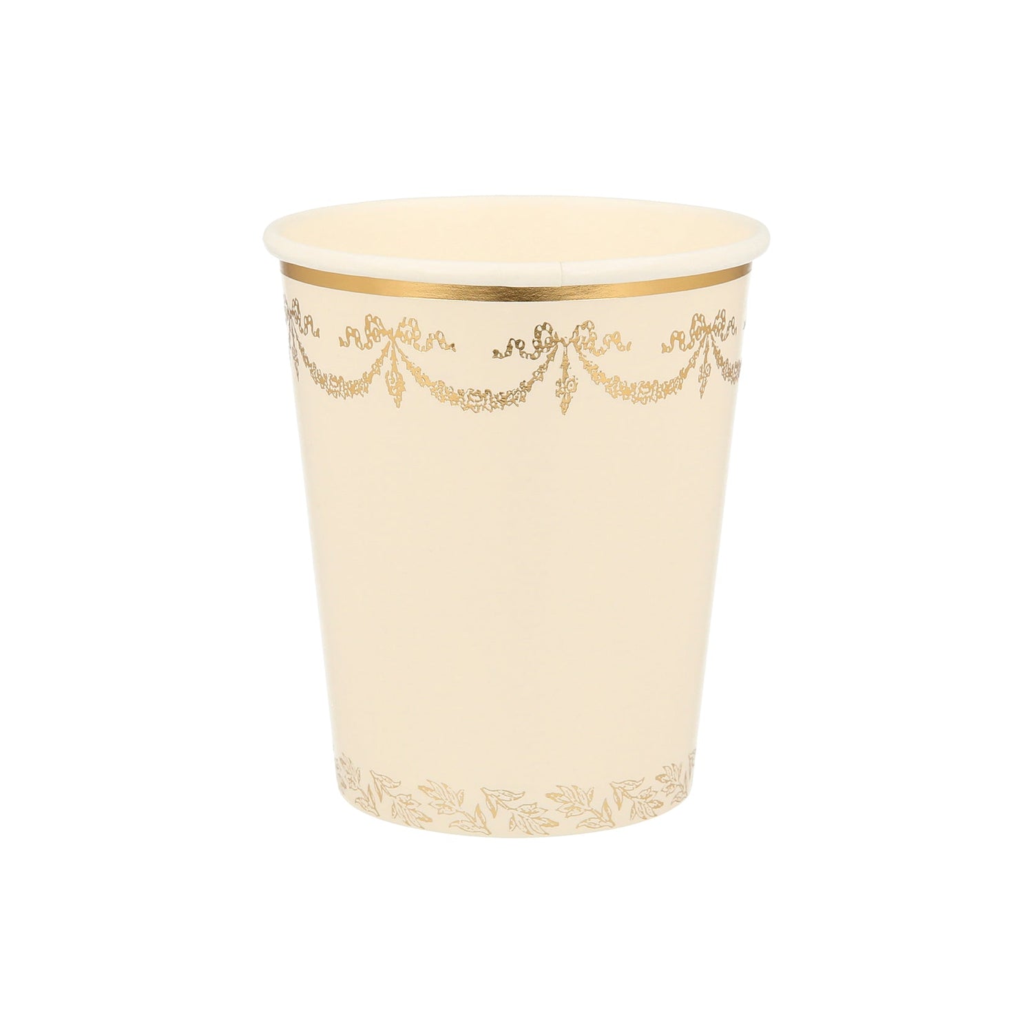 A collaboration between Ladurée Paris Cups and Meri Meri, featuring a white paper cup with gold trim.