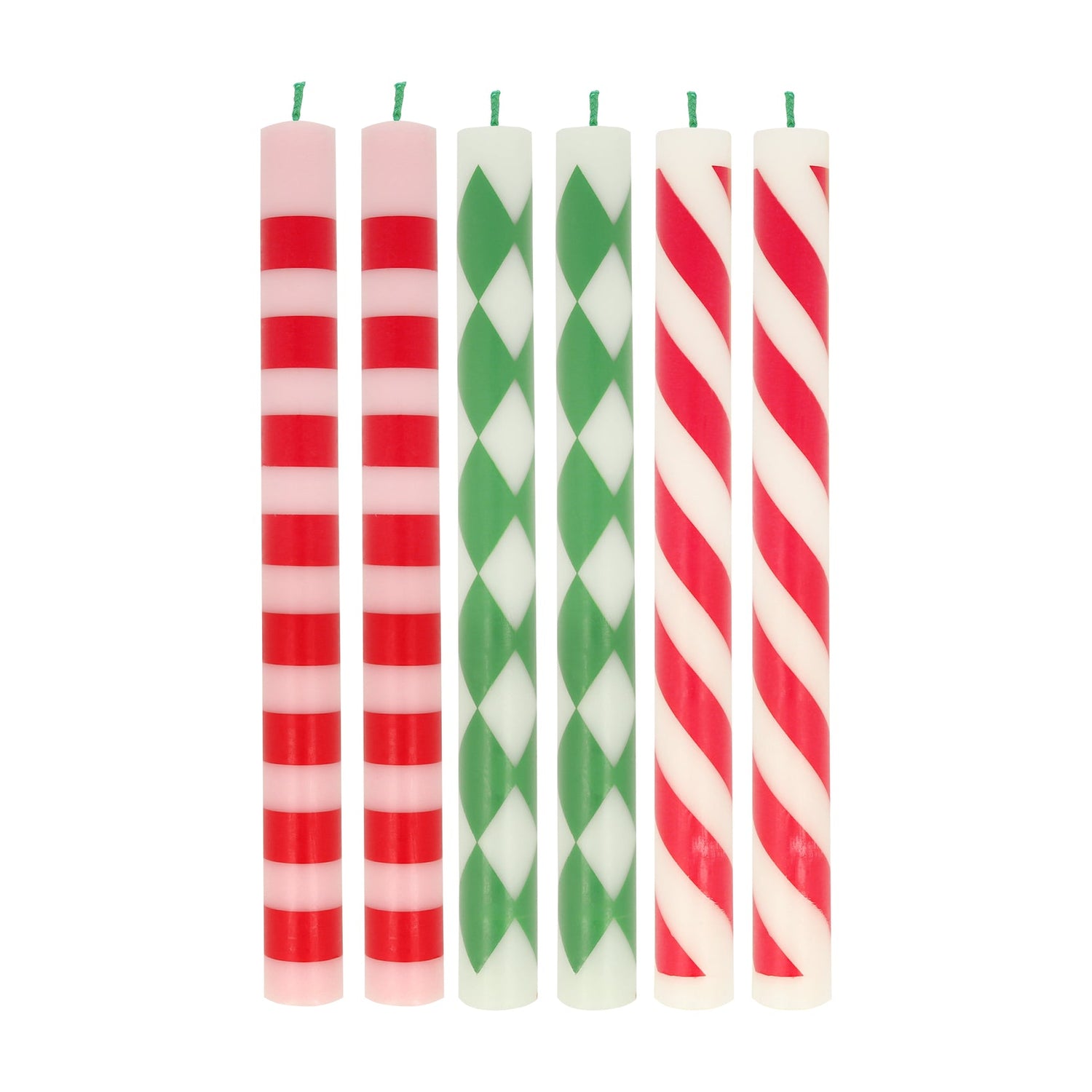 Six Striped candles with 3 design prints of pink and red, mint and green, and red and ivory.