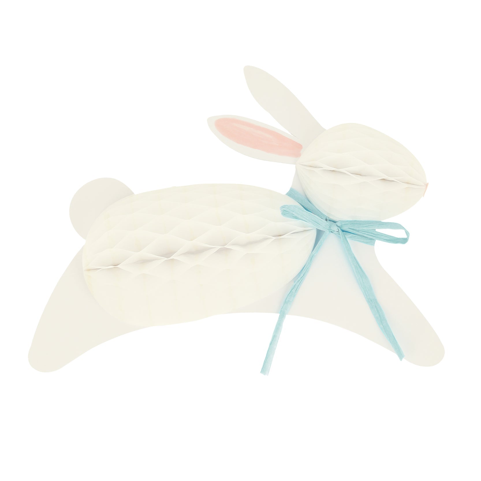 A white Bunny Honeycomb Decorations with a blue ribbon on a white background, perfect for Easter decorations. Brand: Meri Meri.