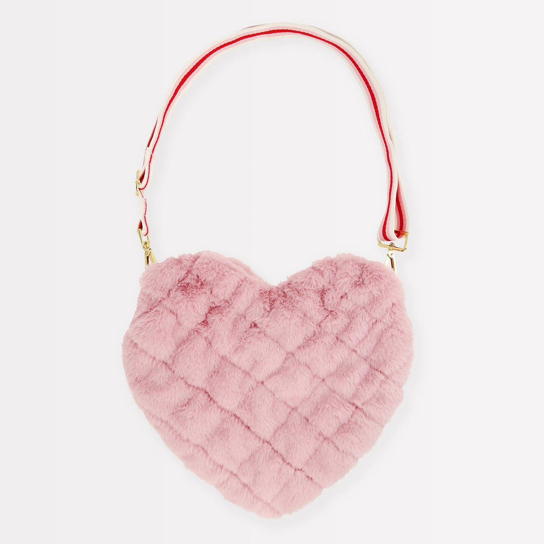 A pink Meri Meri plush heart-shaped bag with a red strap.