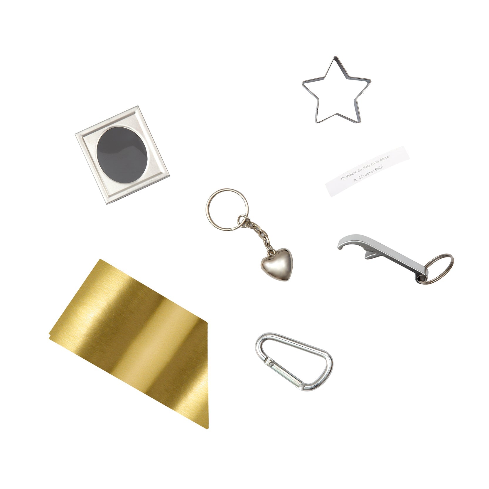 A gold crepe paper hat, a joke and  a key ring, book mark, bottle opener, puzzle, mini screwdriver set and karabiner