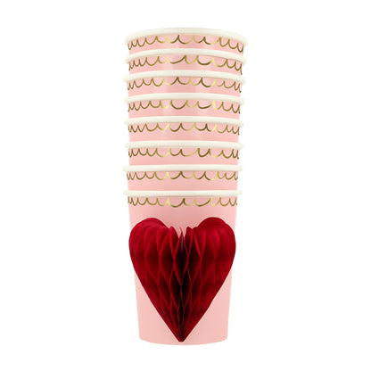 A stack of pink Meri Meri Honeycomb Heart Cups for a vintage look.