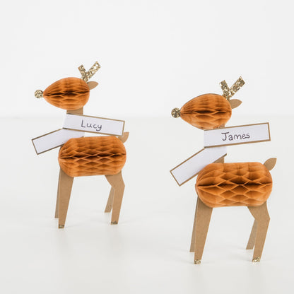 Two Honeycomb Reindeer Place Cards on white background