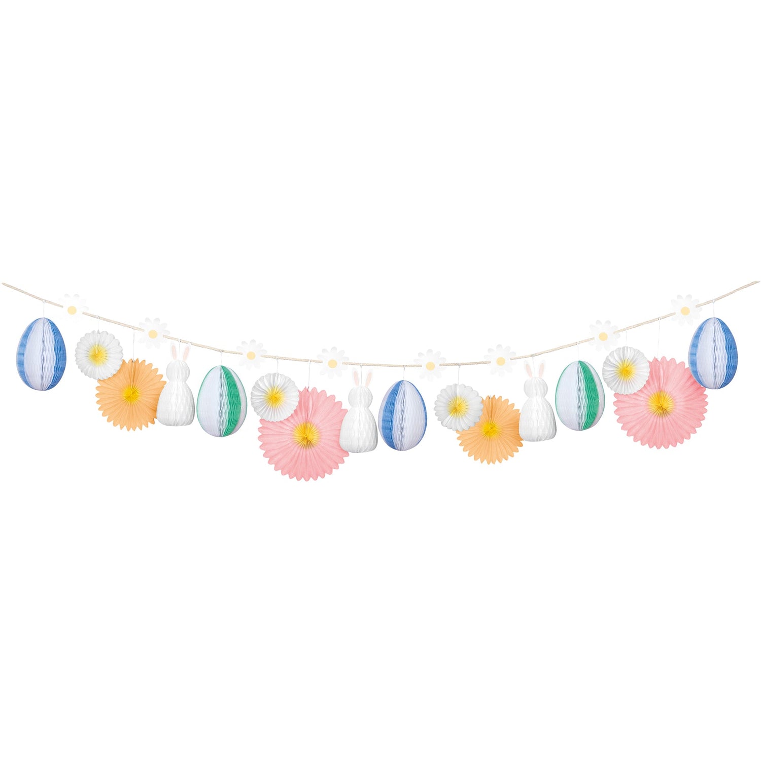 A festive Honey Easter Bunny Garland adorned with colorful Easter eggs, set against a crisp white background by Meri Meri.