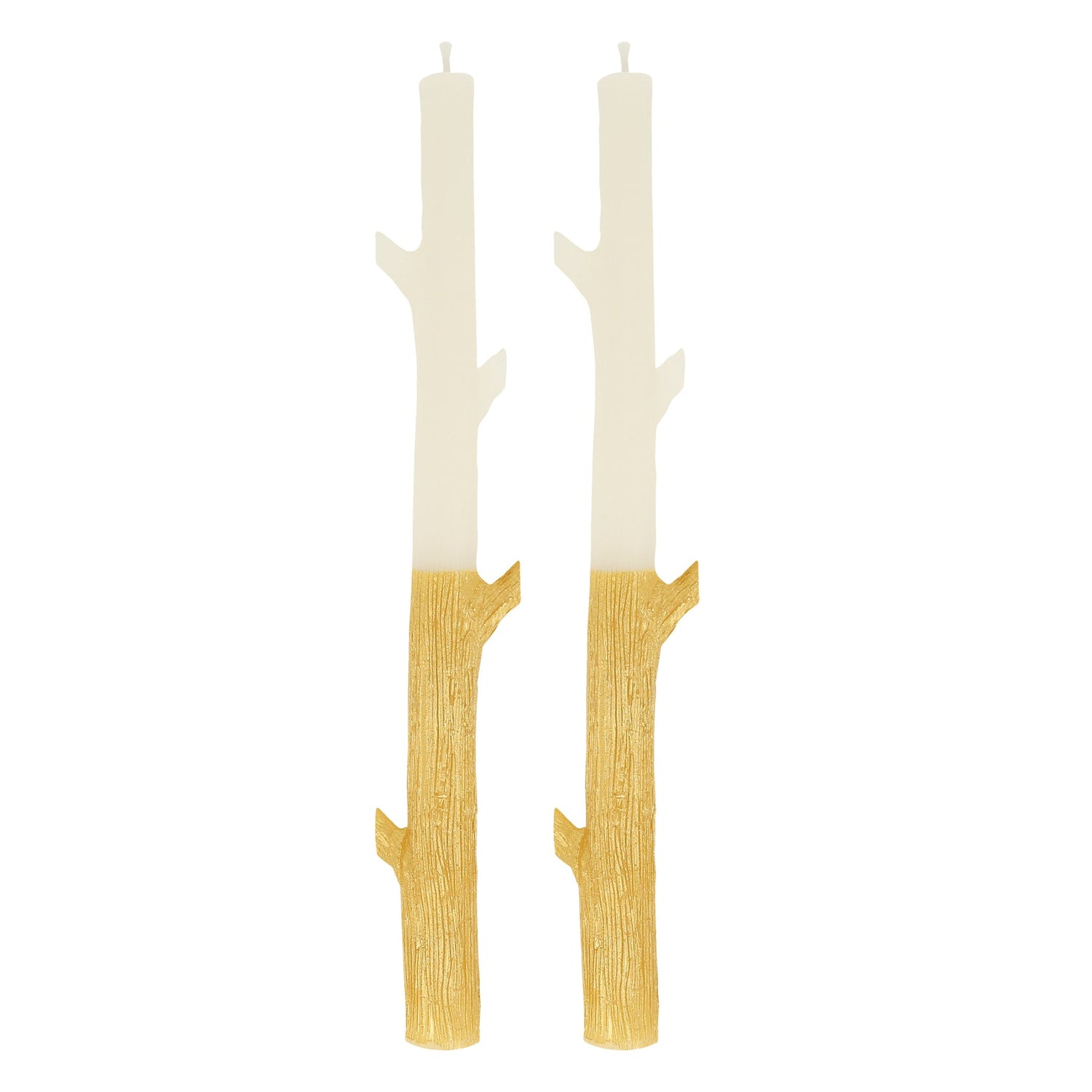 A pair of stick shaped candles with gold on bottom.