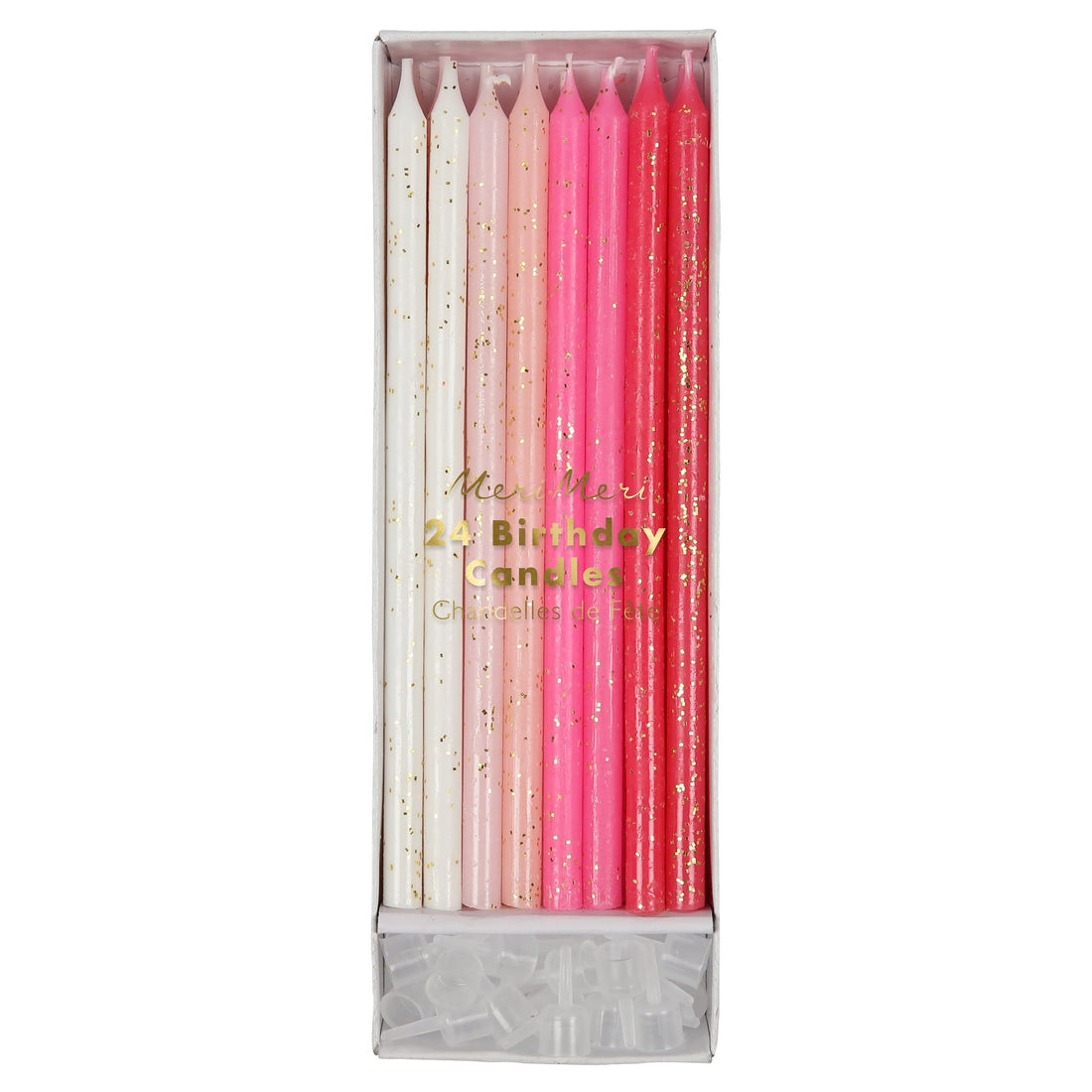 A set of Meri Meri Pink Glitter Colored Birthday Candles in a box, perfect for a party.