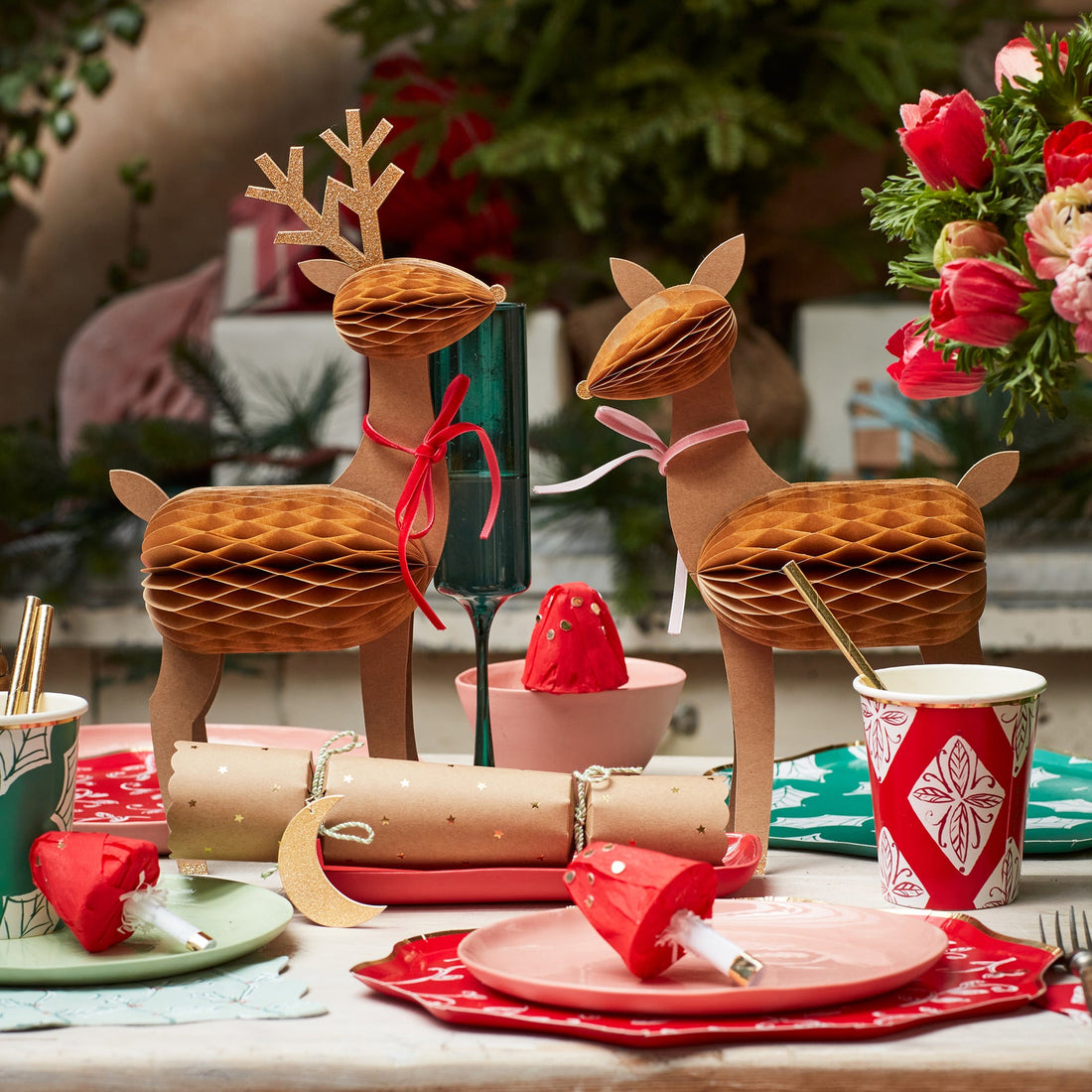 Festive table setting with two Honeycomb Reindeer