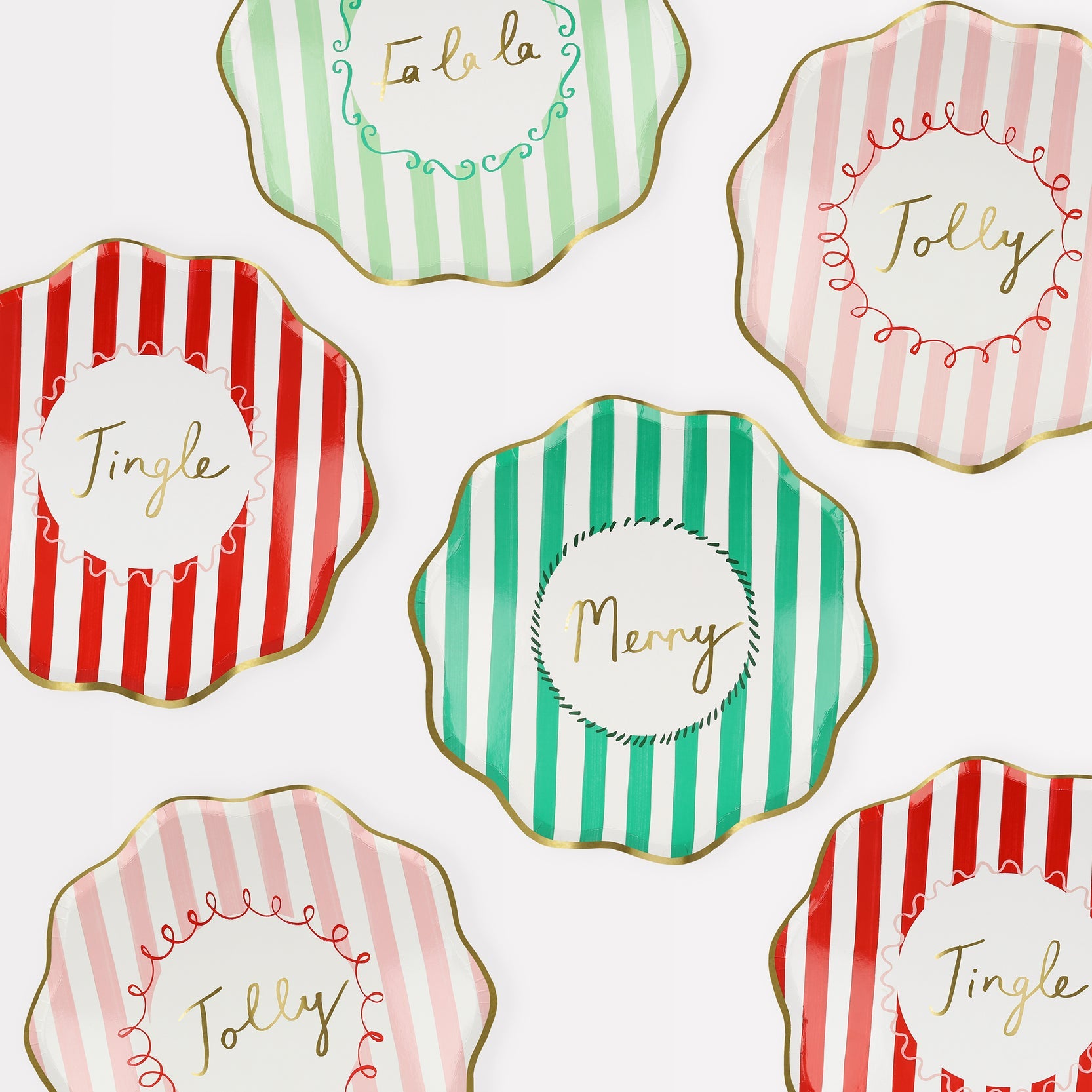 mint, green, red and pink stripes with holiday messages printed inside