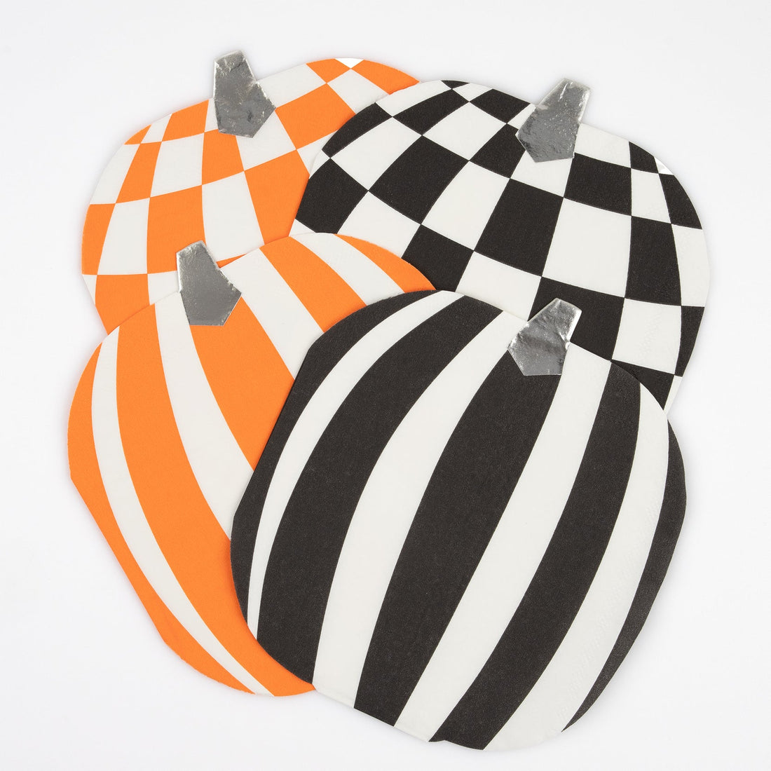 Four Mod Pumpkin Napkins, one orange and white check, one black and white check, one orange and white stripe, one black and white stripe