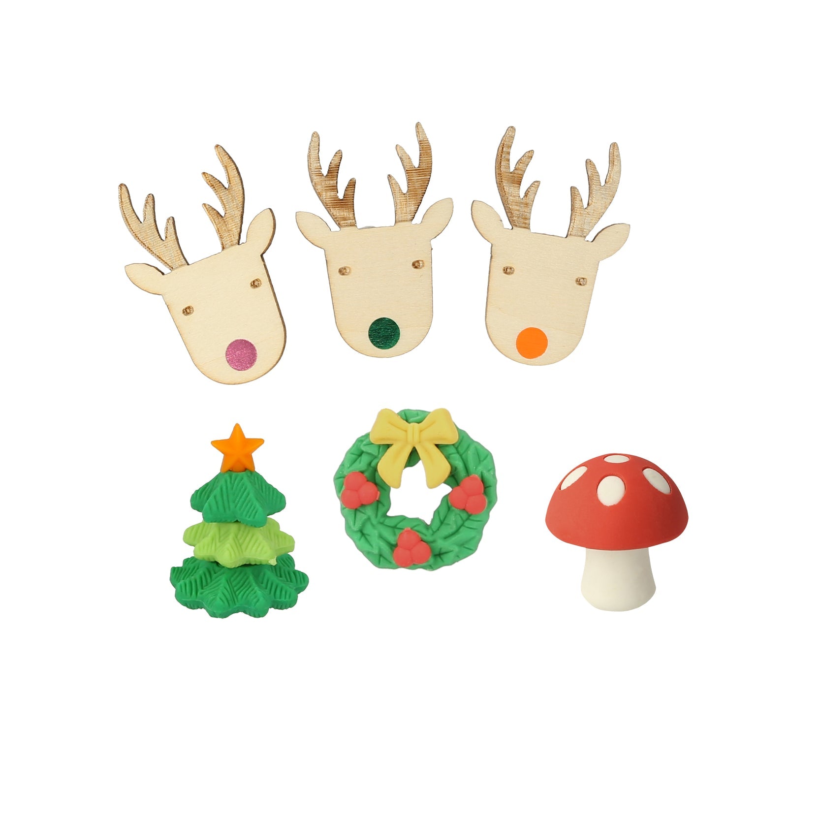  festive erasers and reindeer brooches