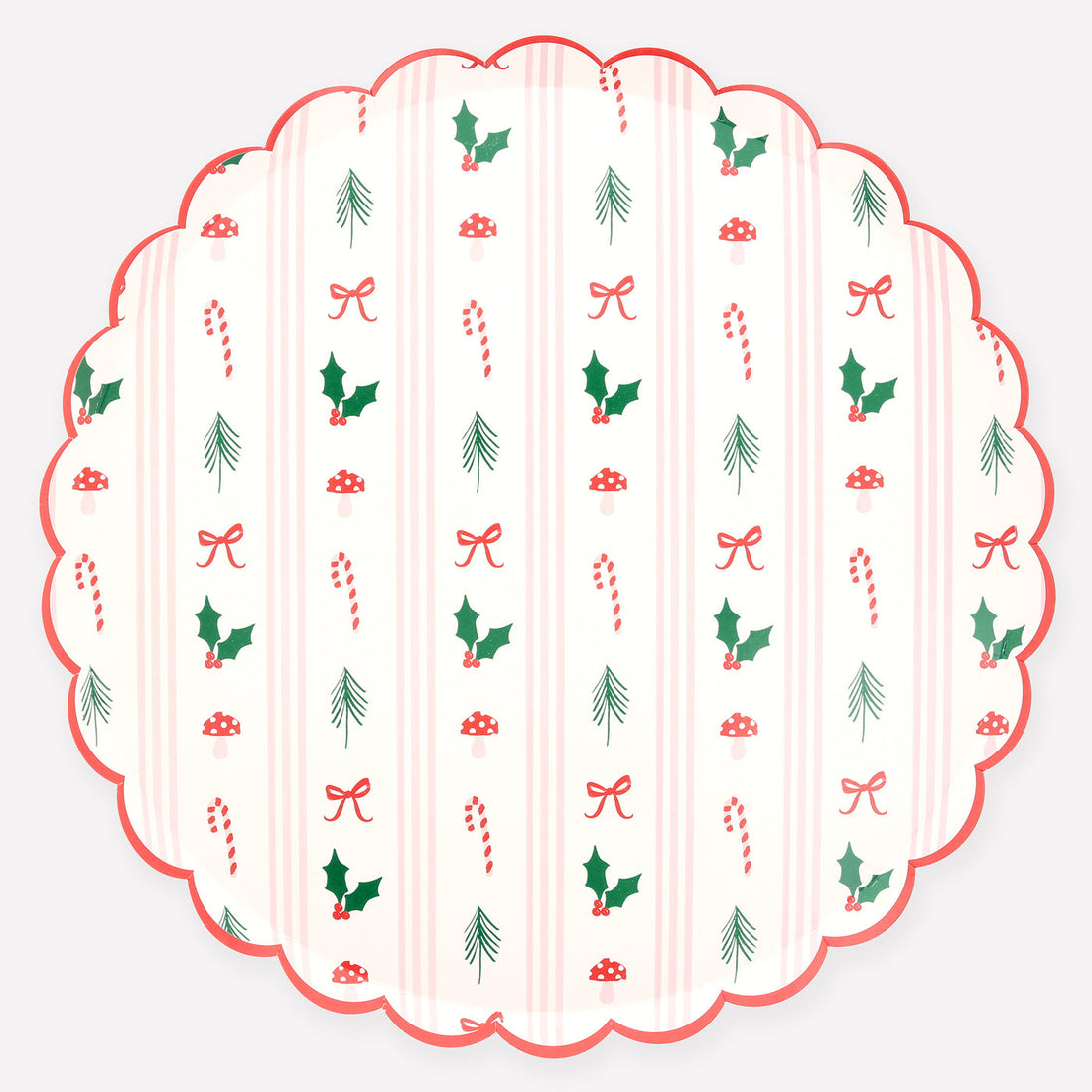 Decorative paper plate with Christmas-themed pattern on a white background.