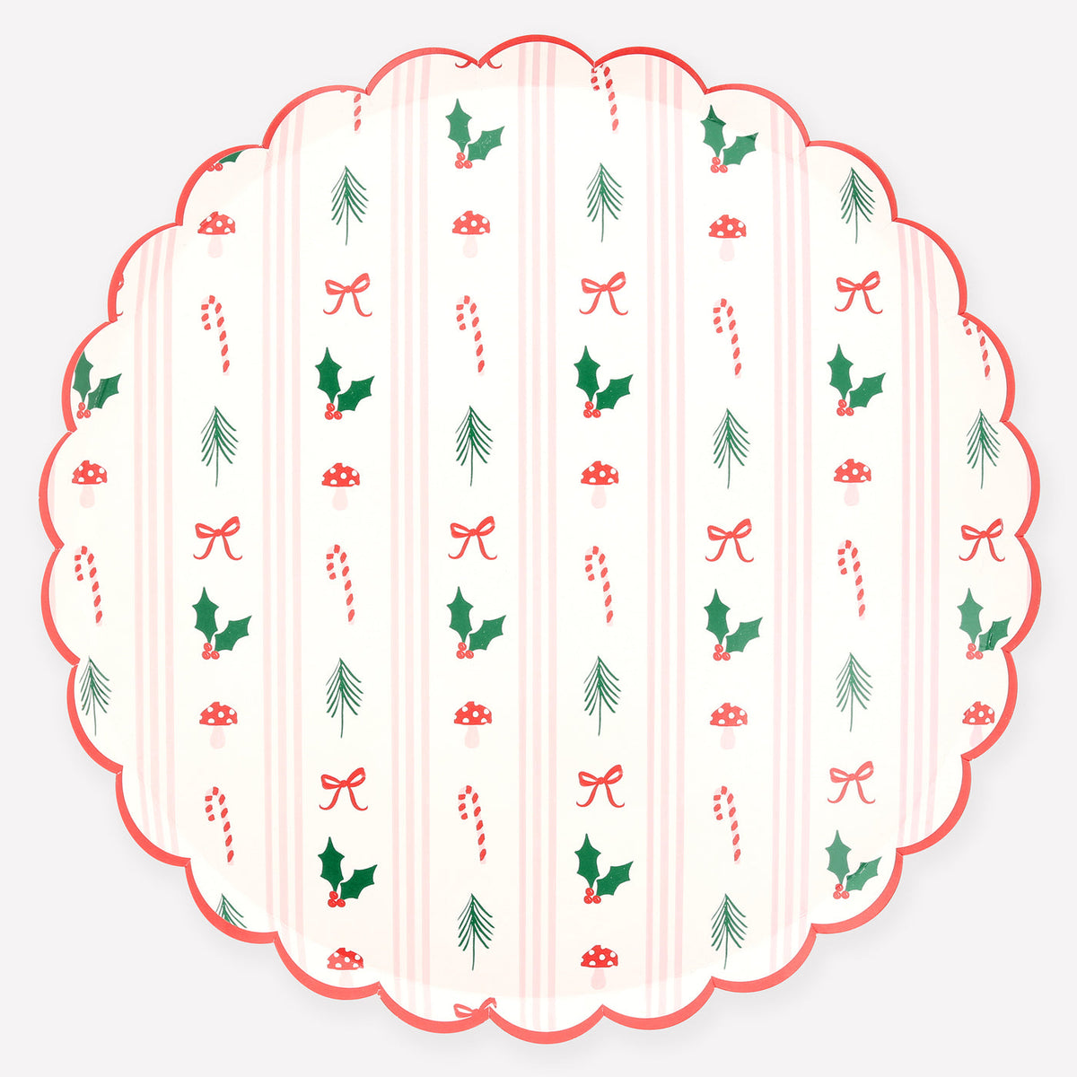 Decorative paper plate with Christmas-themed pattern on a white background.