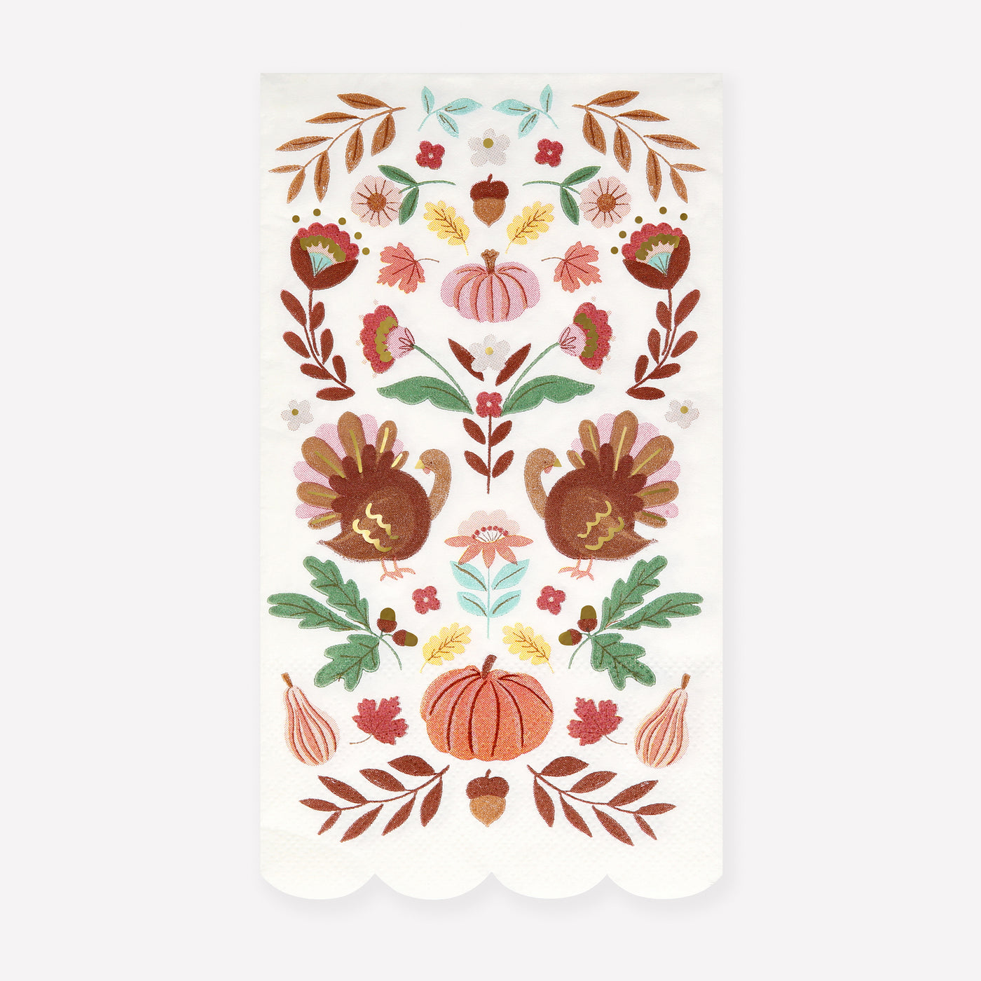 Guest napkin with autumn-themed illustrations on a white background. 
