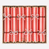 Box of red and pink striped crackers with white bows in a decorative box.