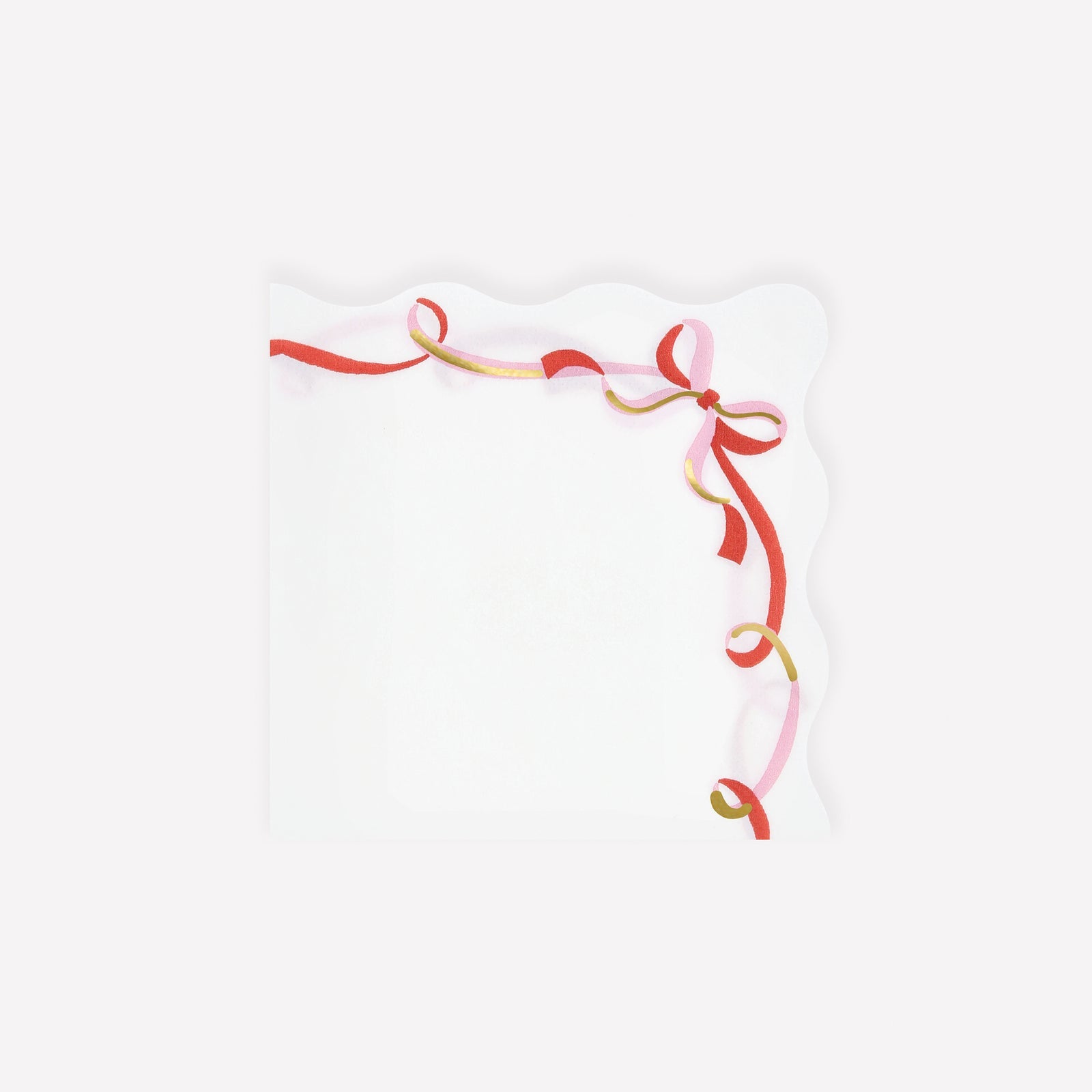 White cocktail size napkin by Meri Meri with a pink and red ribbon illustrated along 2 sides  and a bow in the corner. 