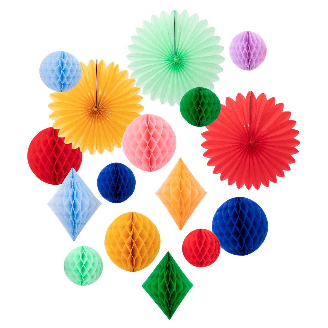 Red, blue, mint, dark yellow, green, peach, lilac, pale blue and pink tissue paper honeycomb in assorted shapes.