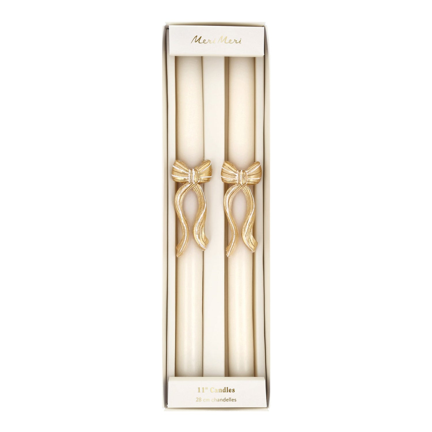 Box with Gold Stripe Bow Taper Candles in it. 