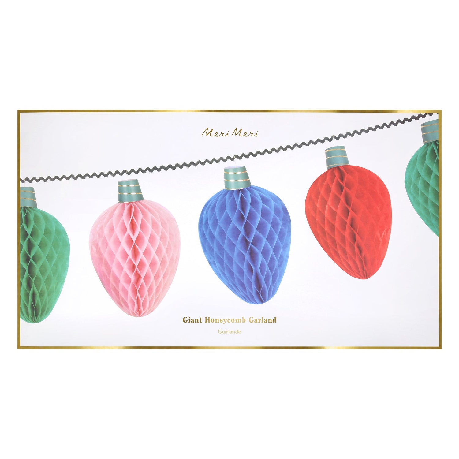 Decorative garland with colorful honeycomb string lights on a white background. 