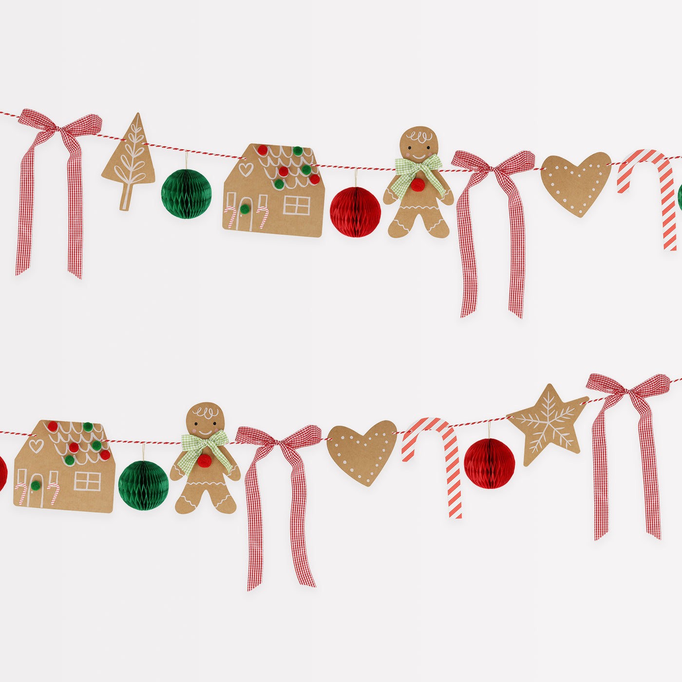 Christmas-themed decorative garland with gingerbread men, houses, and ribbons on a white background.