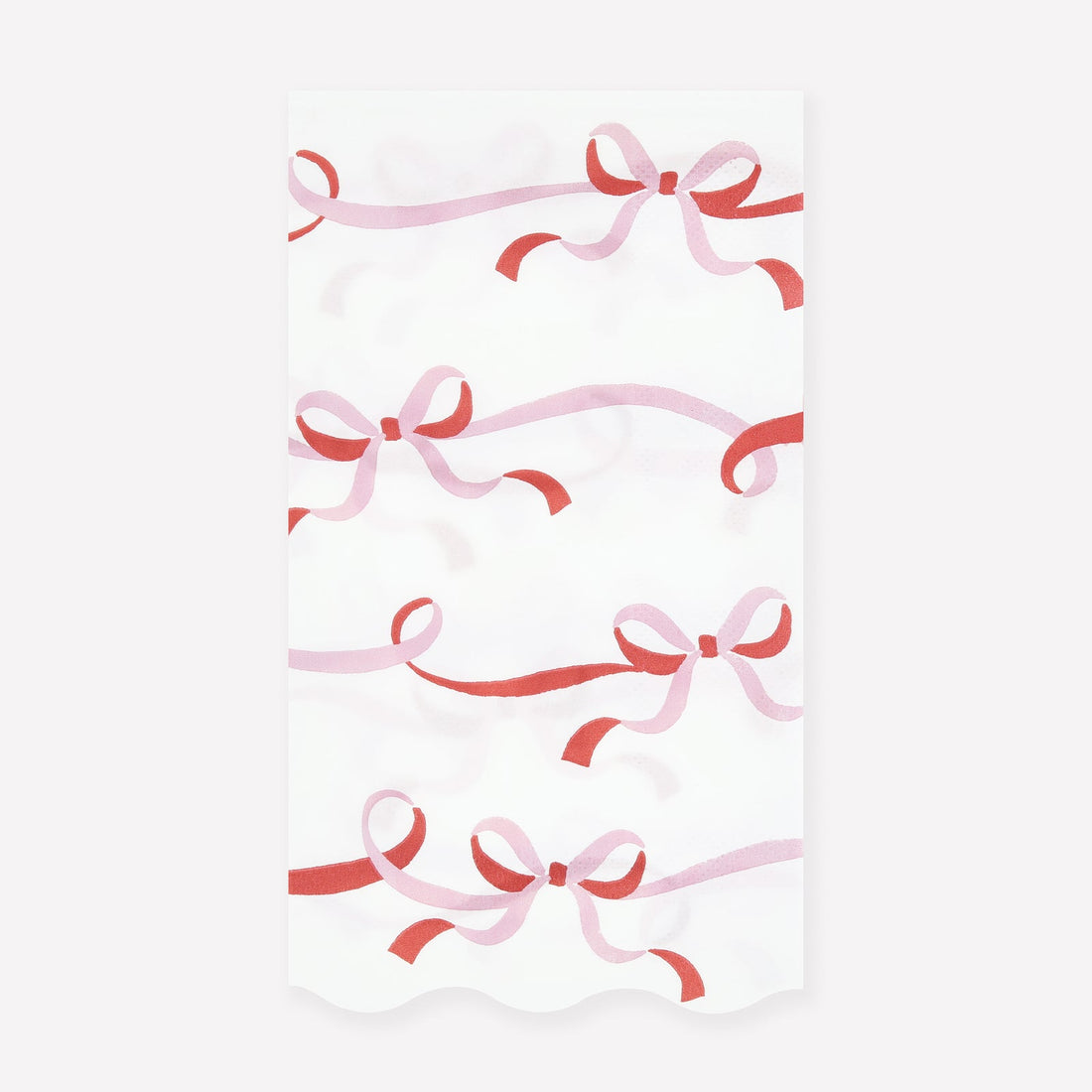 Paper napkin with a pattern of pink and red ribbons on a white background. 
