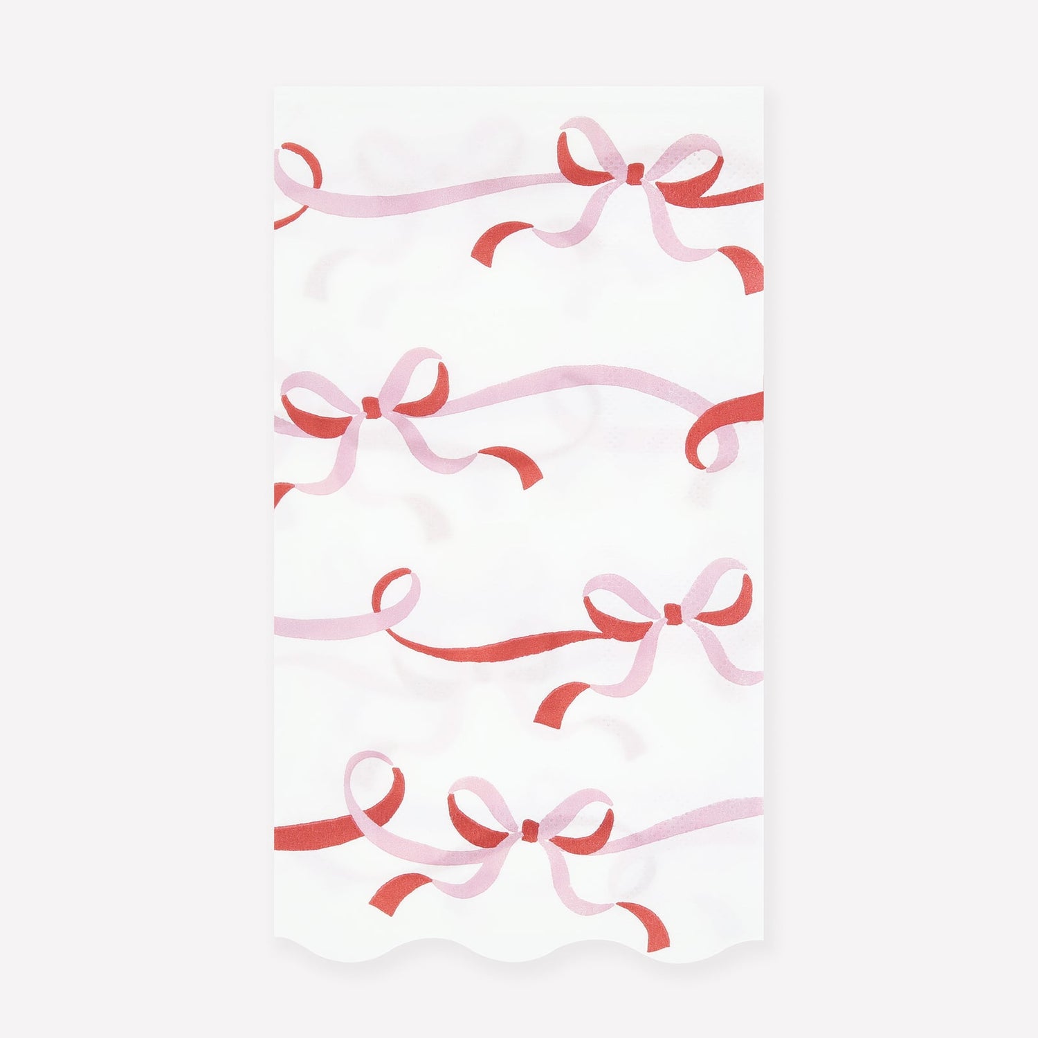 Paper napkin with a pattern of pink and red ribbons on a white background. 