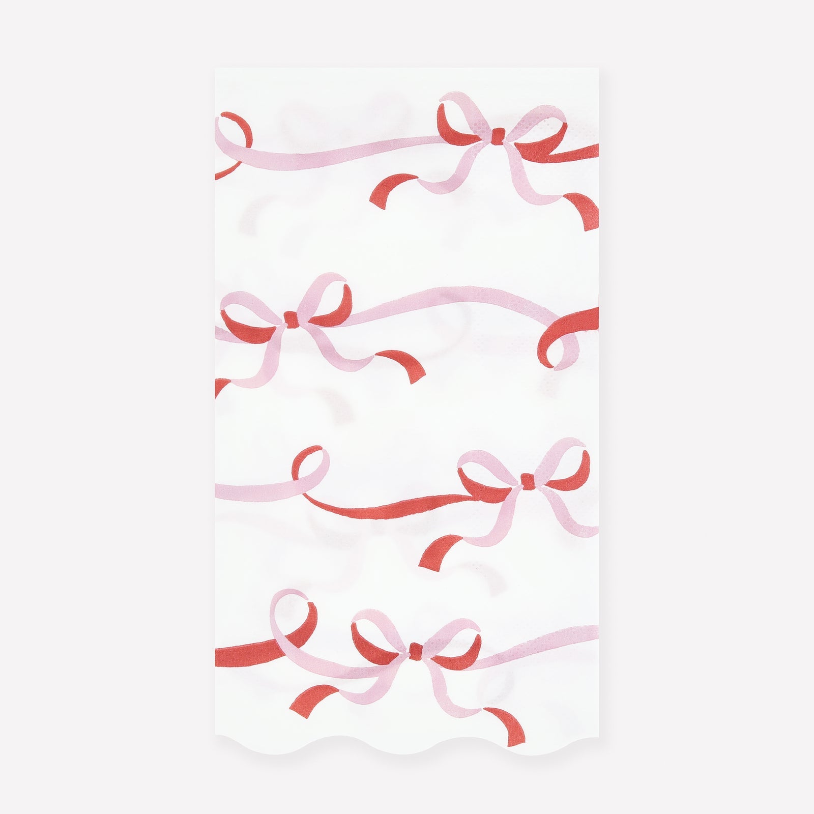 Paper napkin with a pattern of pink and red ribbons on a white background. 