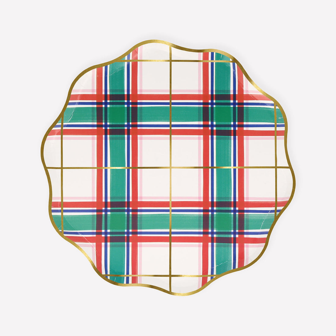 Decorative plate with plaid pattern and gold rim on a white background