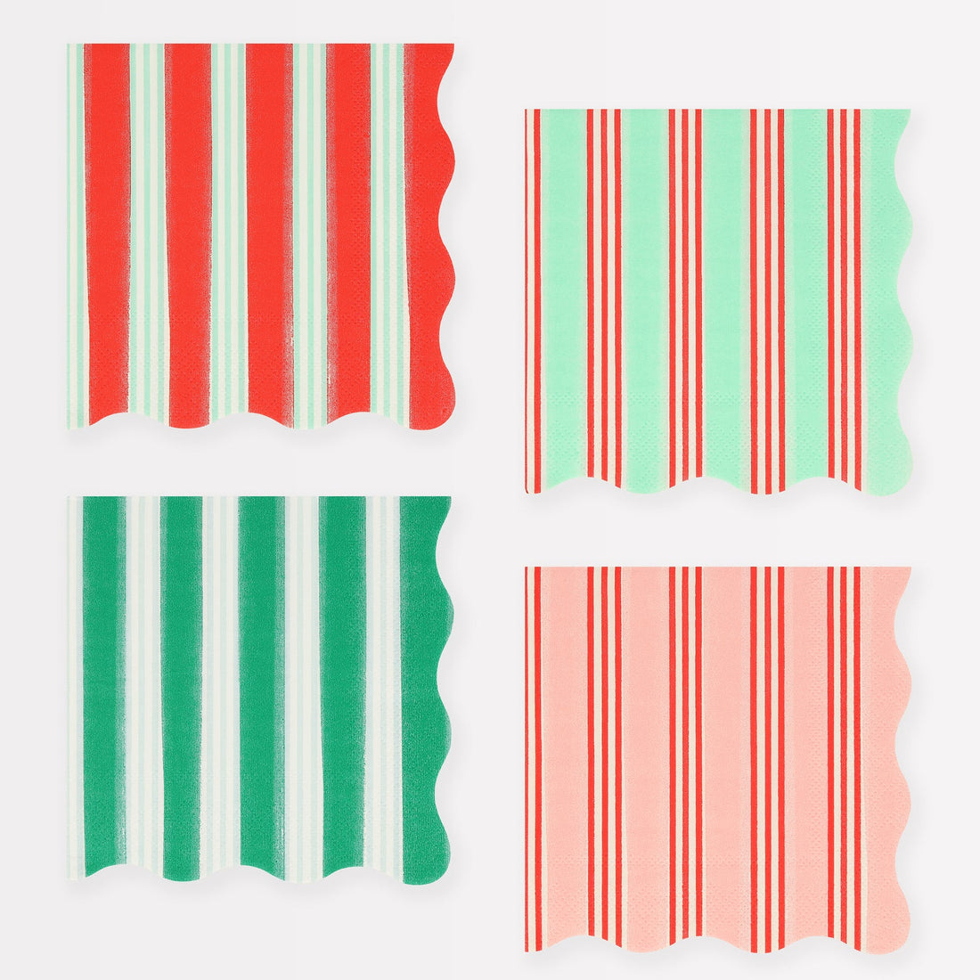 Four rectangular napkins with red, green, and pink vertical stripes on a white background.