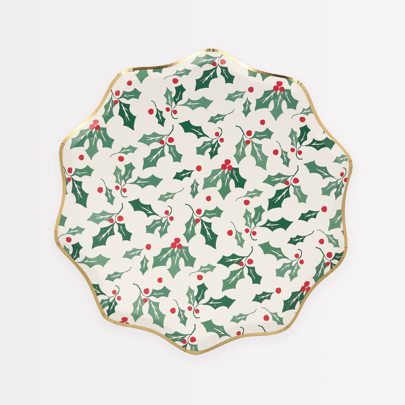 Meri Meri Holly Side paper plates featuring a holly design, wavy border and shiny gold foil details, perfect to add to your Christmas party supplies.
