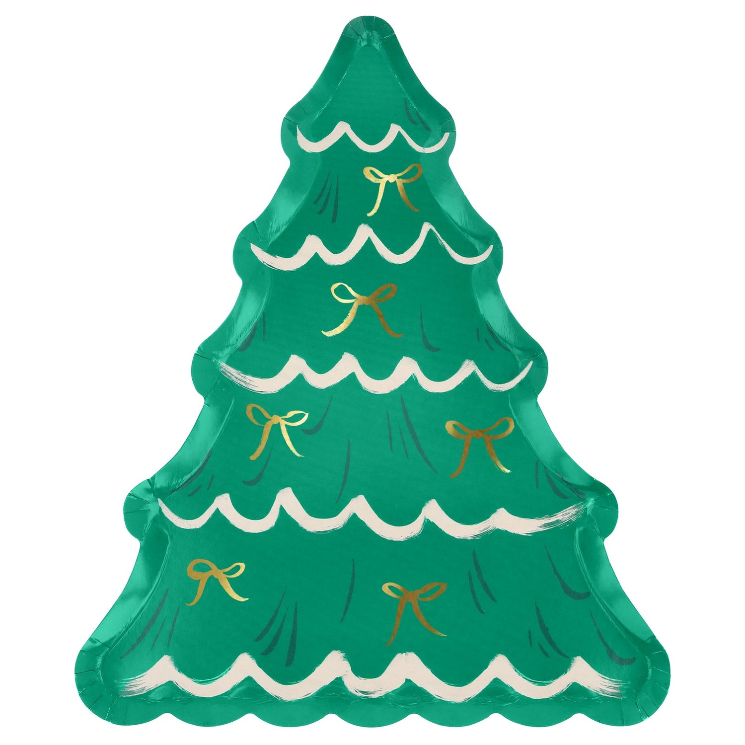 Green Christmas tree-shaped paper plate with gold ribbons on a white background.