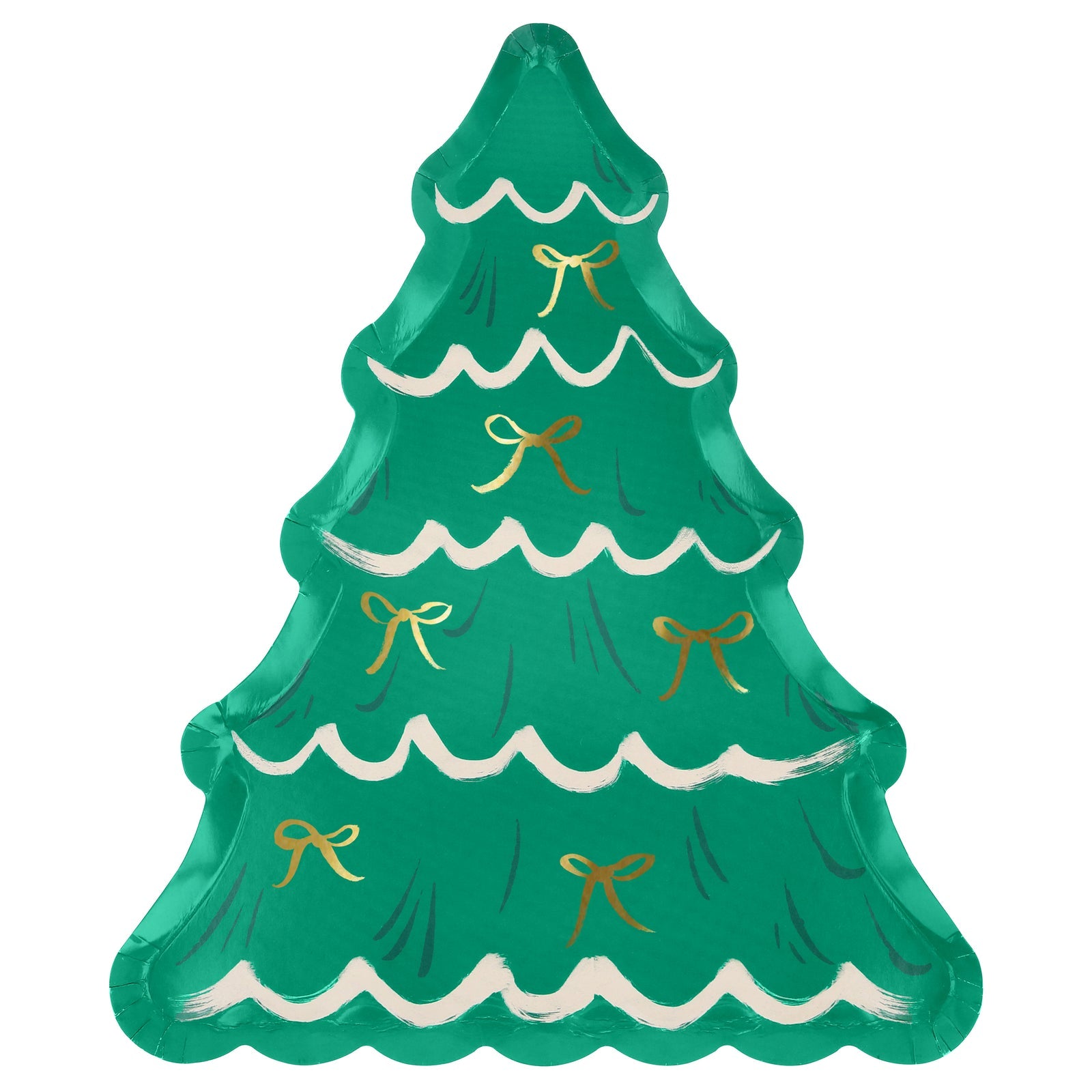 Green Christmas tree-shaped paper plate with gold ribbons on a white background.