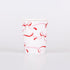 Paper cup with red and pink bow pattern on a white background.