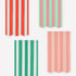 Set of four striped paper napkins by Meri Meri in red, green, and pink on a white background.