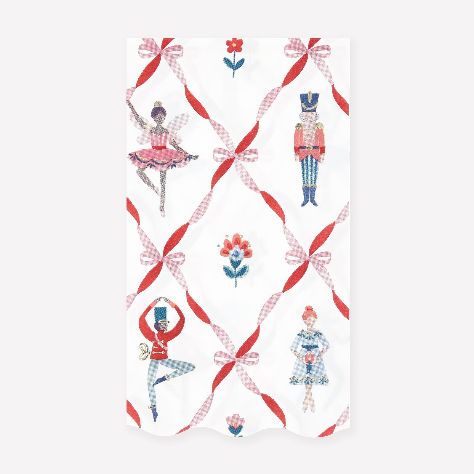 Illustrated paper napkin with ballet dancers, flowers, and ribbons on a white background. 