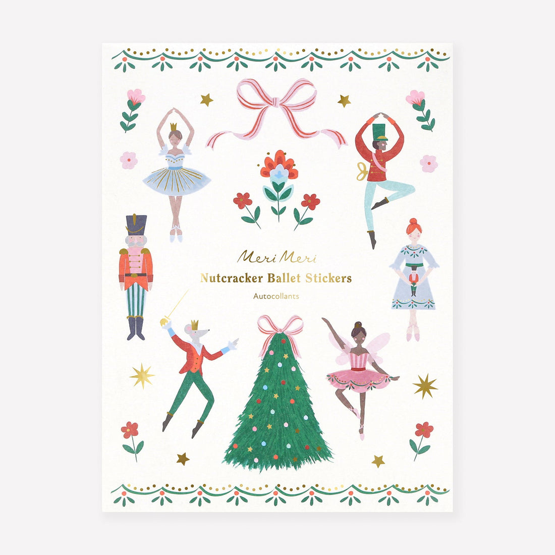Packaging of Nutcracker Ballet stickers with illustrations of dancers and a tree on a white background.