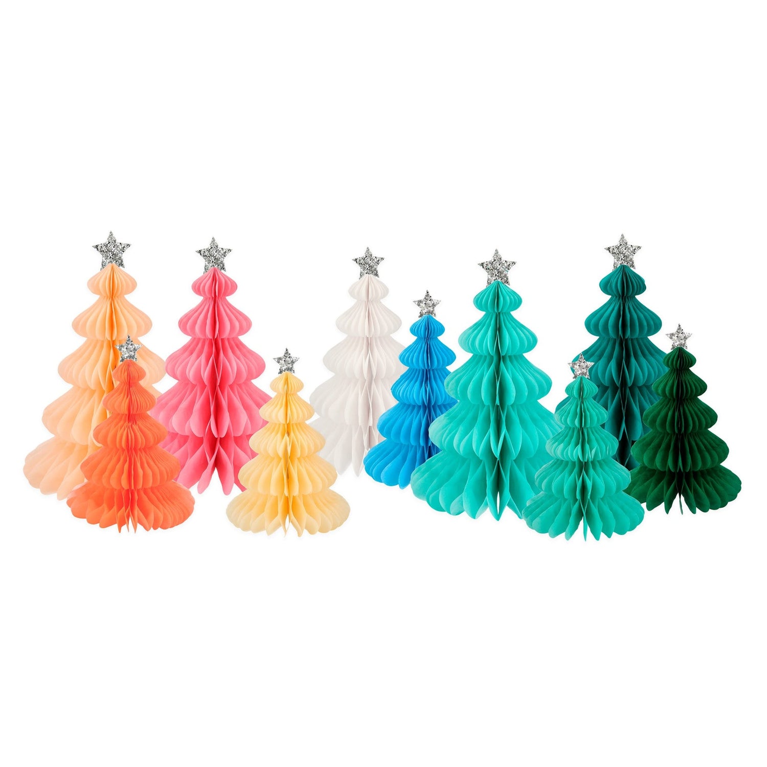 Colorful paper Christmas trees with star decorations on a white background.